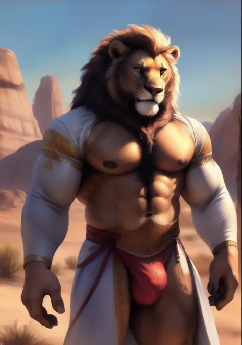 Lion, ((arabic outfit)), arabic gown, white arabic gown, (open gown) sandals, male, solo, adult, abs, ((mane)), pecs, big pecs, nipples, older, strong muscles, big mane, long mane, detailed face, beautiful eyes, muscular chest, muscular, happy face, bodybu...