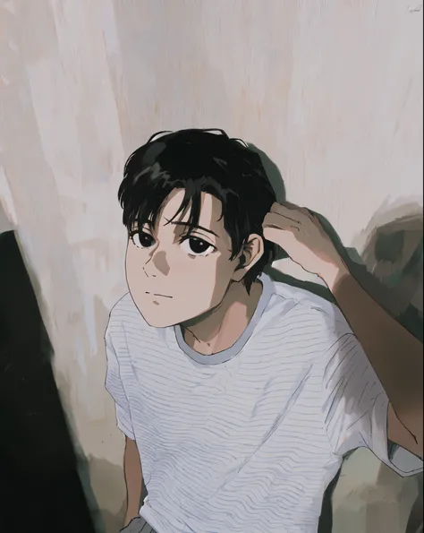 muted pastel colors, retro anime, 1990s anime, 1980s anime, brush strokes, masterpiece, best quality, 1boy, solo, black eyes, white shirt, closed mouth, medium hair, simple background