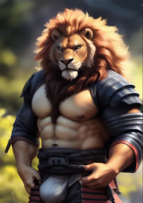 Lion, (((samurai outfit))), open chest, male, solo, adult, abs, ((mane)), pecs, big pecs, nipples, older, strong muscles, big mane, long mane, detailed face, beautiful eyes, muscular chest, muscular, serious angry face, bodybuilder body, beefy, japanese ba...