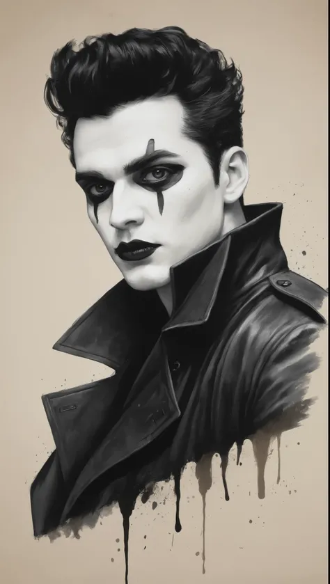 An illustrated movie poster, hand-drawn, full color, a mime, male, 28 years-old, wearing black and white crow makeup and a dark leather trench coat, stocky, soft doughy physique, deep brown eyes, wide bulbous nose, full lips, black lipstick, black hair, cu...