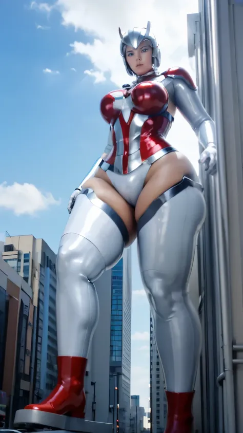 Ultraman、Giant、Taller than a building、woman、realistic、High level image quality、write, shiny suit、Ultramanボディスーツ、Silver and red bodysuit、professional photos、Do not expose your skin、wearing a helmet,silver helmet,,((Saggy huge)),((heavy body)),((wide hips)),...