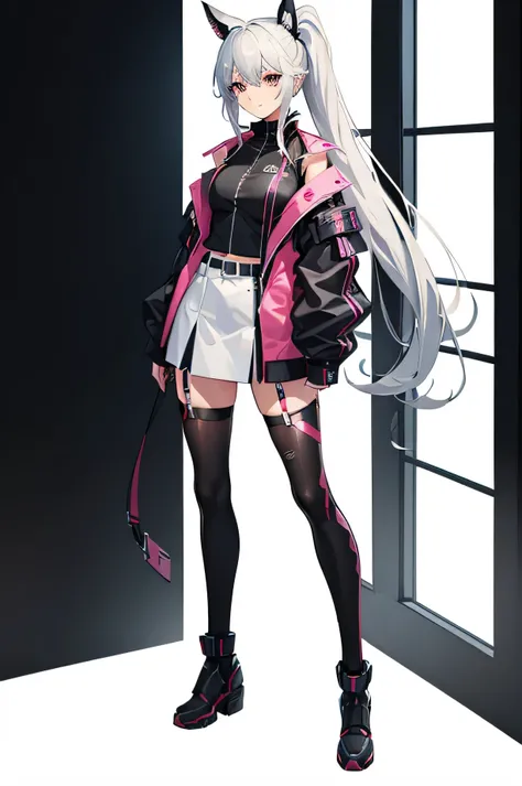 High ponytail girl，Cyber Jacket，Vest，despise，dull eyes，A weak smile，bitter smile，high ponytail，full body shot，full body shot，whole body，stand，White background,pixiv style