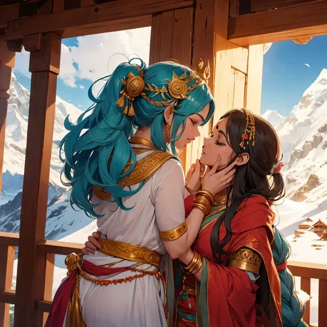 Lord shiva and parvathi loving with a kiss in a beautiful place in himalaya
