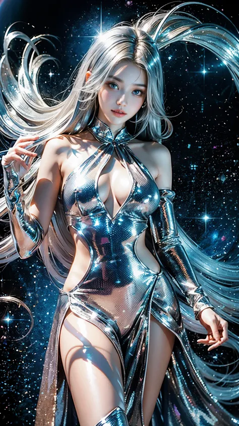 4K Ultra HD, Masterpiece, A girl with a magical aura, (good face:1.4), very Long hair, Detailed eyes, Glossy lips, Lolita costume, (silver costume:1.5), The aura around the body, Magical effect, Spread white light, Cosmic elements and ethereal atmosphere, ...