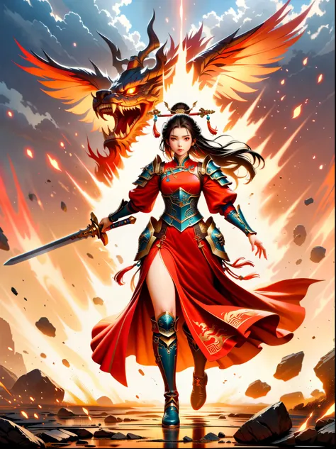 Chinese style, ancient battlefield, an ancient Chinese female general, holding a sword in her hand, grim expression, full body, amazing facial features, red robe, armor, boots, yellow sand in the sky, firelight, game model, stunning lighting, OC rendering,...