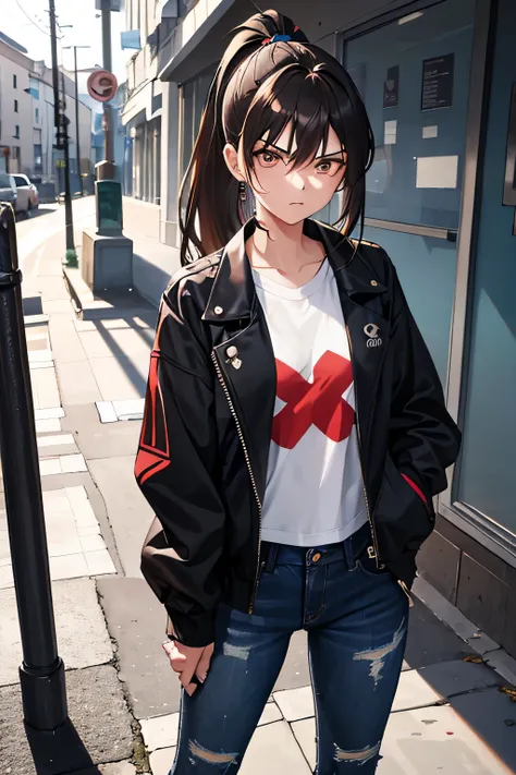 1girl,20y.o,using black jacket and short blue jeans pants,brown hair,mullet haircut,long hair,ponytail hairstyle,light red,school corridor background, angry expression
