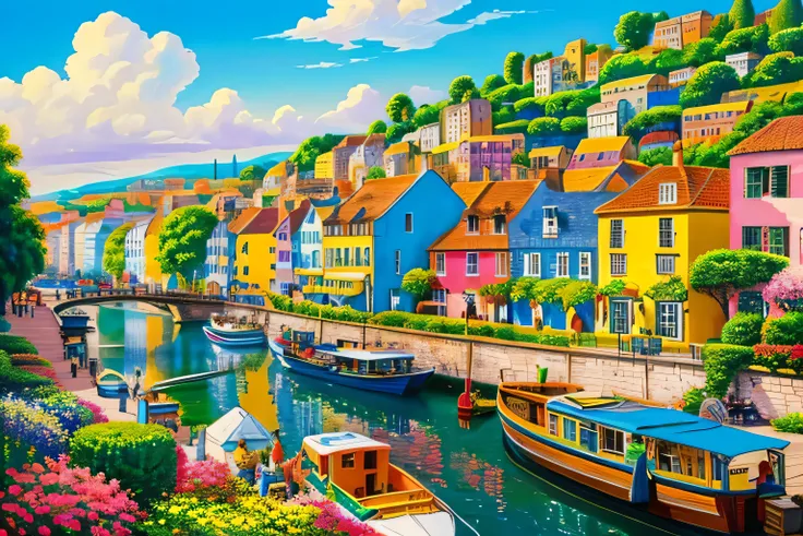 a painting of a colorful city with a river and a boat, Jigsaw Puzzles by Noel Counihan, shutter stock, naive art, Cottage Town, colorful house, Brightly colored buildings, Vibrant gouache painting landscape, Colorful buildings, colorful city, Quaint villag...