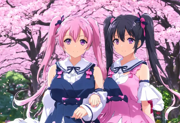 Anime couple hugging in front of a cherry blossom tree, Nightcore, Cute anime, Cute anime style, rorish, Anime Girl, twin tails, two beautiful Anime Girl, Pink hair in twin tails and cyan eyes, anime, Anime drawings, 猫耳のAnime Girl, anime style, Style: anim...