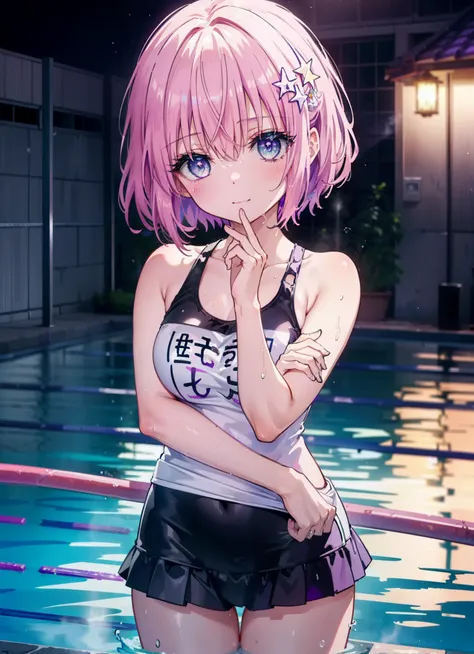 Momodeviluke, Deviluke type, demon tail, hair flower, hair ornaments, (purple eyes:1.1), pink hair, short hair, tail, smile,happy smile, smile, open your mouth,
break demon tail, green , white school swimsuit,wet hair,wet skin,Bare legs break ourdoors, Sch...