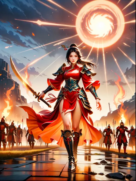 Chinese style, ancient battlefield, an ancient Chinese female general, holding a sword in her hand, grim expression, full body, amazing facial features, red robe, armor, boots, yellow sand in the sky, firelight, game model, stunning lighting, OC rendering,...