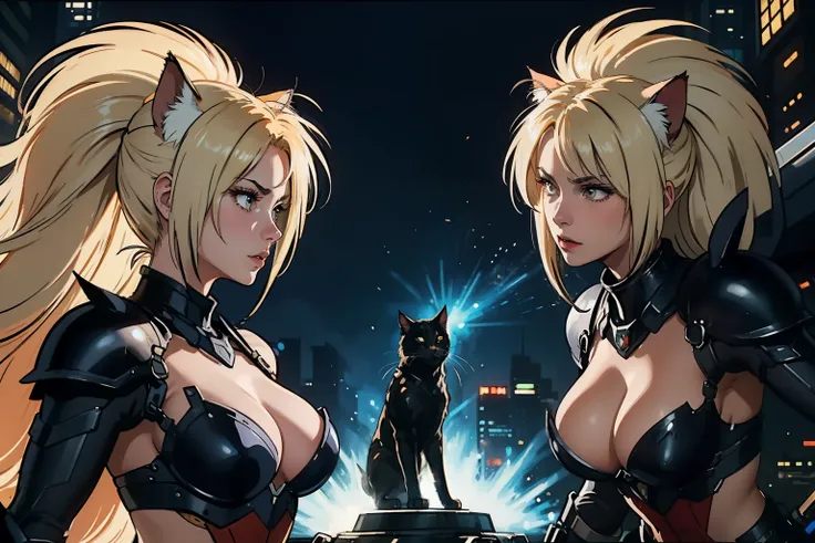 ((highest quality)), ((masterpiece)), (be familiar with), (High definition), 8K, perfect face、2 women、Two blonde women with cat ears、((action scene))、tall、2 Blonde cat ears、2. Long Hair、2. Volumetric hair style、big breasts、constricted waist、big ass、glamoro...