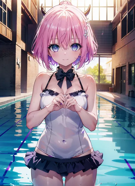 Momodeviluke, Deviluke type, demon tail, hair flower, hair ornaments, (purple eyes:1.1), pink hair, short hair, tail, smile,happy smile, smile, open your mouth,
break demon tail, green , white school swimsuit,wet hair,wet skin,barefoot,noon,Clear skies,
br...