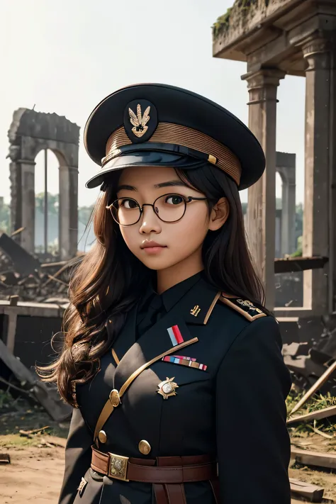 Detailed face of half body photo. 25 year old Indonesian girl with a sweet  face,  big  round face and long brown wavy hair, round glasses, cursing the black uniform of a German army officer during World War 2 complete with hat, standing on the ruins of a ...