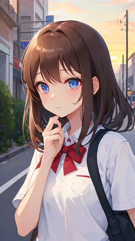 (((Best quality, 8k, Masterpiece: 1.3)), Sharp focus, Slim abdomen,  (White shirt), (Street: 1.2), Highly detailed face and skin texture, Detailed eyes, Double eyelid, Japanese high school girl, brown hair, sleepy face, high school, sunset, after school