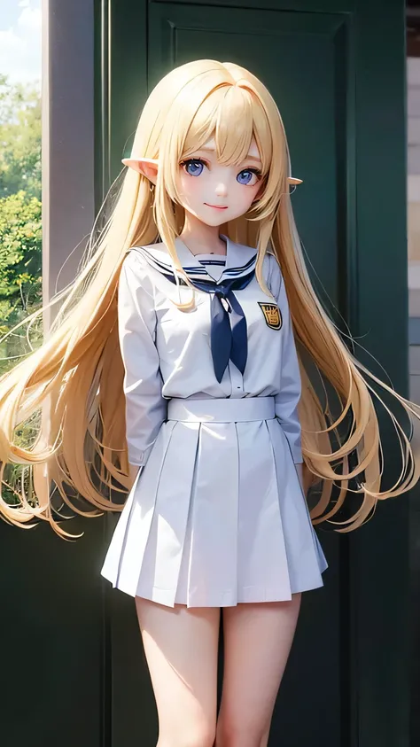 very cute girl、15 years old、light yellow hair、long straight hair、Bangs are too close to the eye、Light Blue Eye、(normal ears)、thin arms、Beautiful body、slim legs、big eyes、large, well-shaped breasts,、clear white skin、smile、(school uniform、uniform white and bl...