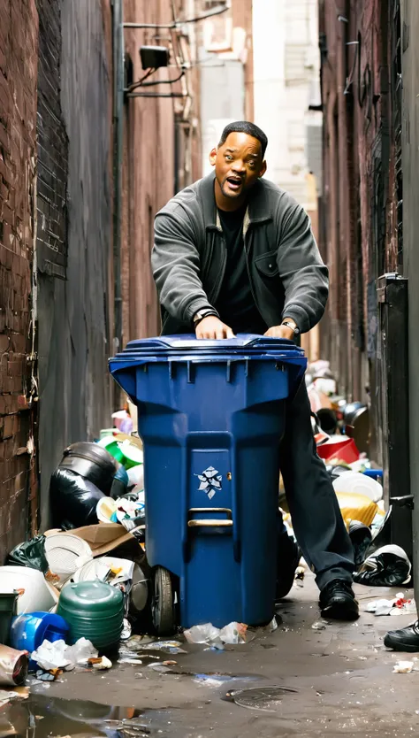 / image Will Smith (playing the role of a broke man) rummaging through trash cans in a rundown alleyway.