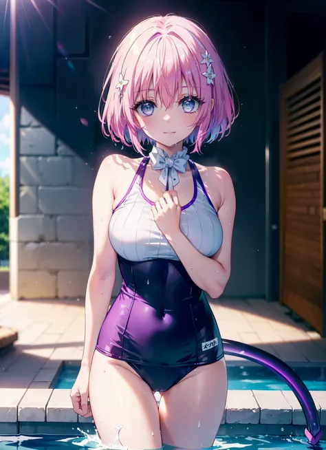 Momodeviluke, Deviluke type, demon tail, hair flower, hair ornaments, (purple eyes:1.1), pink hair, short hair, tail, smile,happy smile, smile, open your mouth,
break demon tail, green , white school swimsuit,wet hair,wet skin,barefoot,noon,Clear skies,
br...