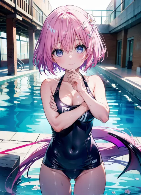 Momodeviluke, Deviluke type, demon tail, hair flower, hair ornaments, (purple eyes:1.1), pink hair, short hair, tail, smile,happy smile, smile, open your mouth,
break demon tail, green , white school swimsuit,wet hair,wet skin,barefoot,noon,Clear skies,
br...