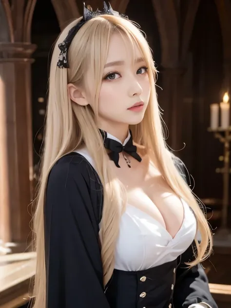 A beautiful Japanese shy girl, age 20 years old, vert light blonde long hair, brown eyes, shiny lip, shiny hair and shiny body, wearing maid costume, like a fantasy games gothic clothes, in dark Cathedral, light shine in, ecstatic expression, Photo with bl...