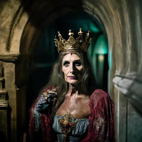 medium shot photography of a queen Lich with a crown inside a crypt, sharp focus