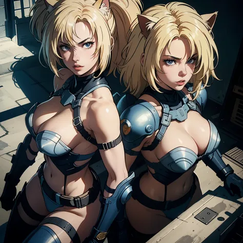 ((highest quality)), ((masterpiece)), (be familiar with), (High definition), 8K, perfect face、2 women、Two blonde women with cat ears、((are fighting))、tall、2 Blonde cat ears、2. Long Hair、2. Volumetric hair style、big breasts、constricted waist、big ass、glamoro...