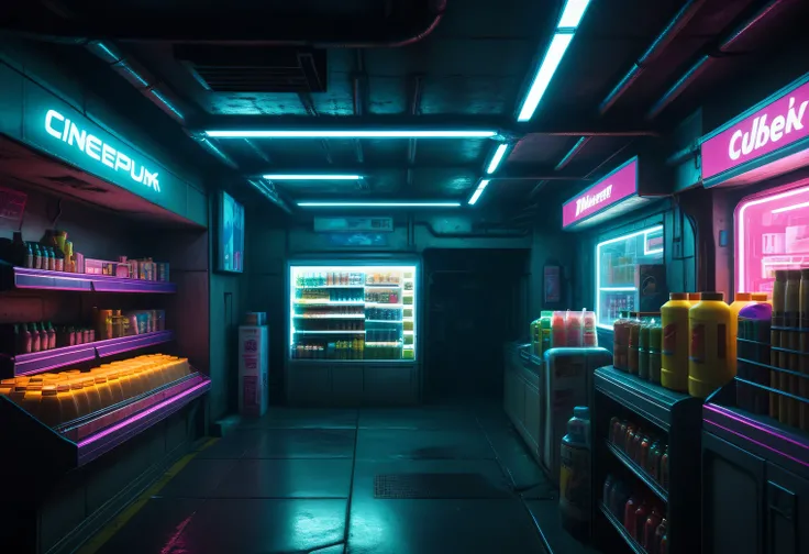 Cyberpunk, midnight convenience store, tunnels and bunker, cinematic frame