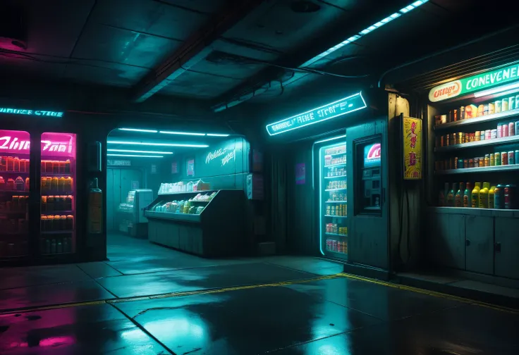 Cyberpunk, midnight convenience store, tunnels and bunker, cinematic frame