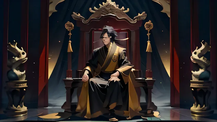 the black clothes have dragon and phoenix patterns on them.，sitting in a large chair，1boy,whole body，in the room