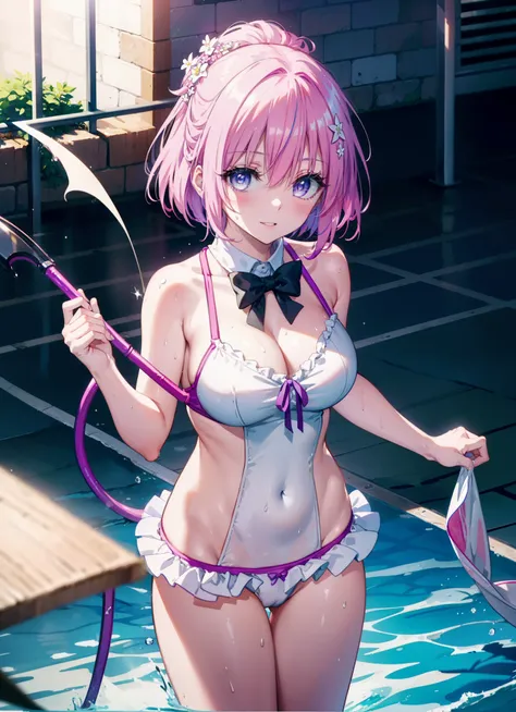 Momodeviluke, Deviluke type, demon tail, hair flower, hair ornaments, (purple eyes:1.1), pink hair, short hair, tail, smile,happy smile, smile, open your mouth,
break demon tail, green , white school swimsuit,wet hair,wet skin,barefoot,noon,Clear skies,
br...