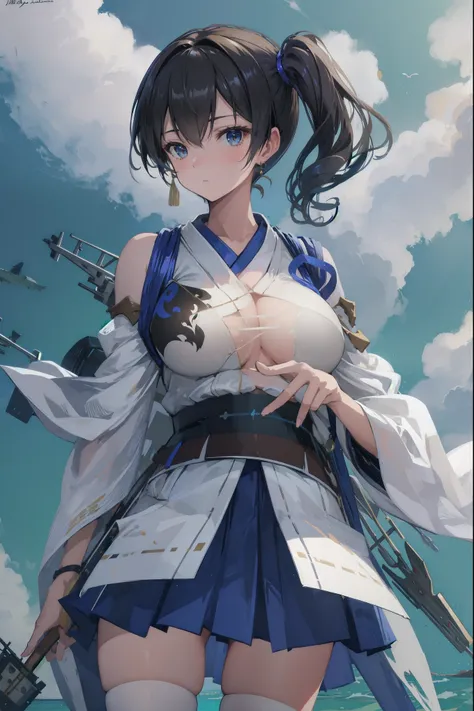 Kaga(Fleet Collection),highest quality, masterpiece, High resolution,kimono,blue skirt,side ponytail,big_breasts,