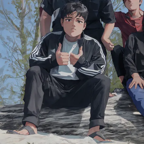 muted pastel colors, retro anime, 1990s anime, 1980s anime, brush strokes, masterpiece, best quality, 1boy, black eyes, black jacket, medium hair, simple background