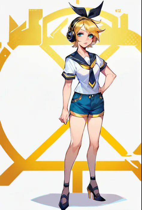 Score_9, score_8_up, score_7_up, score_6_up, 1girl, solo, white background, scenario backdrop, full body, looking at viewer, earrings, BREAK, thin lips, kagamine len, blonde hair, headphones, white shirt, sailor collar, necktie, short sleeves, shorts, shor...