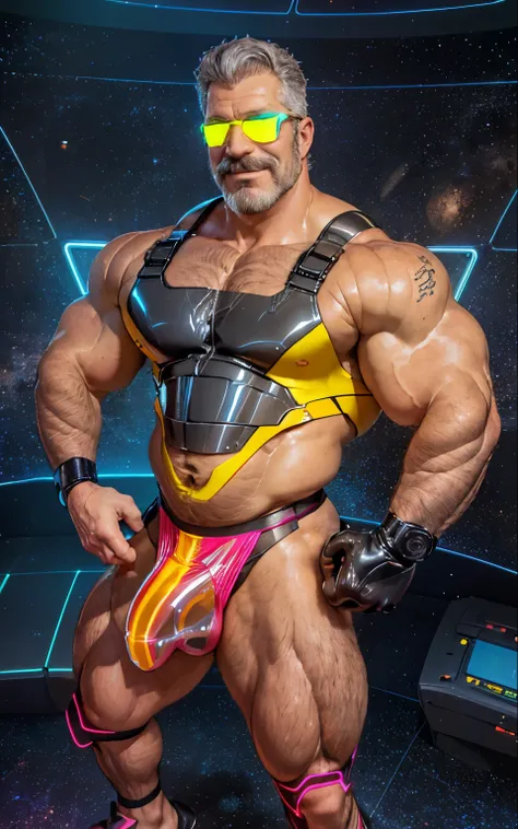 full body portrait, strong burly hairy mature older man(space captain), wearing futuristic captains uniform insignia (neon and black) (open and revealing) (latex) , gray hair, reflective sunglasses (neon yellow rims), broad shoulders, round belly, thick fe...