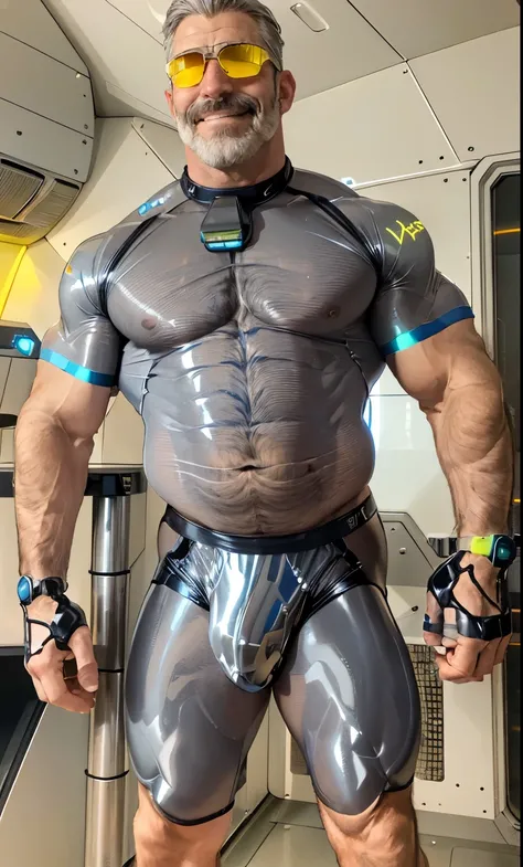 full body portrait, strong burly hairy mature older man(space captain), wearing futuristic captains uniform insignia (neon and black) (open and revealing) (latex) , gray hair, reflective sunglasses (neon yellow rims), broad shoulders, round belly, thick fe...