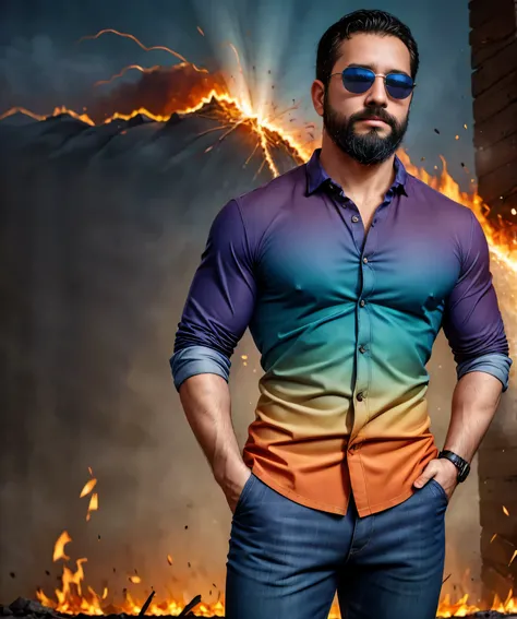 Obra maestra, desenfoque de campo, Parte superior del cuerpo, Hands in pants pockets, 38 year old man with beard and square sunglasses. Man wearing a shirt with a color gradient in an action movie with a firestorm in the background.