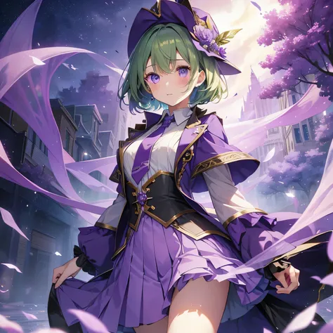 highest quality、very delicate and beautiful、beautiful eyes、beautiful eyes、(teenage girl)、purple eyes、green hair、short haired、(Purple Witch Hat)、Purple tie、I、short sleeve、purple skirt、tactical vest,purple wizard&#39;s robe、belly button、standing、facing forwa...