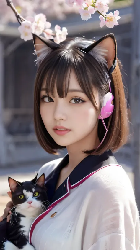 masterpiece, 4k, Bokeh, beautiful face, (multiple girls:1.4), Harem, group photo, (Cat ear:1.3), medium bob hair, pink , looking at the viewer, cherry blossoms, cherry blossoms模様の着物, upper body shot, 