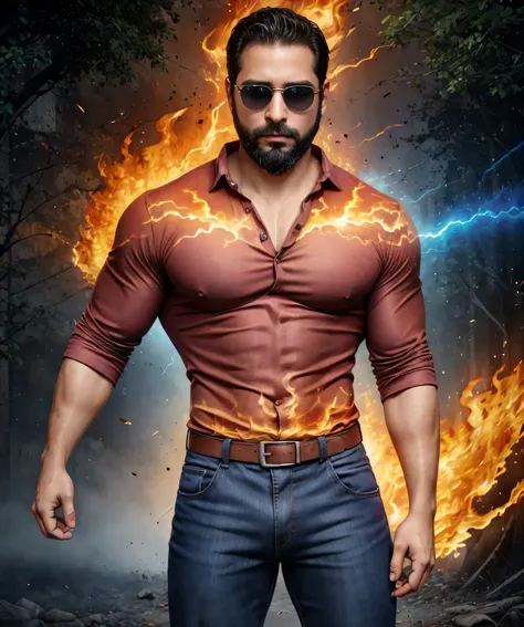 Obra maestra, desenfoque de campo, Parte superior del cuerpo, Hands in pants pockets, 38 year old man with beard and square sunglasses. Man wearing a shirt with a color gradient in an action movie with a firestorm in the background.