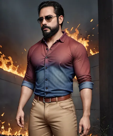 Obra maestra, desenfoque de campo, Parte superior del cuerpo, Hands in pants pockets, 38 year old man with beard and square sunglasses. Man wearing a shirt with a color gradient in an action movie with a firestorm in the background.