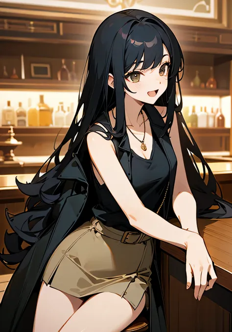 {best quality},Stylish bar counter、long black hair、25 year old female、Large beautiful breastischievous smile、open-mouth、trench coat、v-neck-tank top、skirt、necklace、clutch bag、Side view、cowboy shot、looking at the camera、sitting 、chair