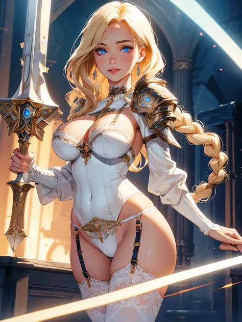 Master piece,best quality,ultra-detailed,vndvalkyrie,(1 girl),beautiful mature face,panty shot,cameltoe,garter belt,seductive young woman,beautiful breasts,full body,standing,armored dress, Torn clothes,(blonde single braid),big blue glowing eyes, (beautif...