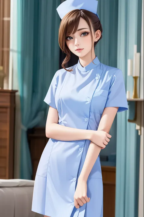 (masterpiece,ultra-detailed,best quality,8k,cg,illustration,shaved:1.0),(1girl:1) simple background, jyojifuku,nurse