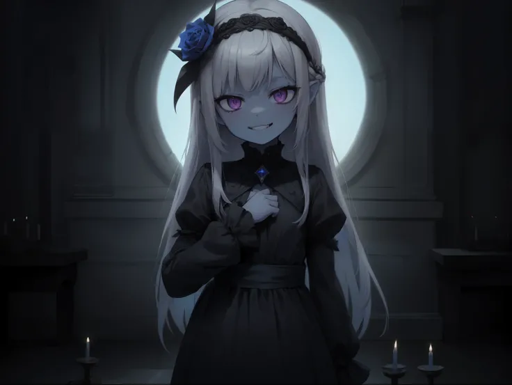 ((solo)), ((loli)), young, kid, solo, long hair, straight hair, white hair, purple eyes, ((blue skin, blue face, blue body)), flat chest, black necromancer gear, blue rose vine headband, ((standing)), ((evil smile)), (up close), purple aura, dark dungeon s...