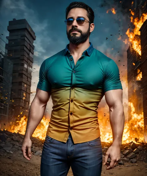 Obra maestra, desenfoque de campo, Parte superior del cuerpo, Hands in pants pockets, 38 year old man with beard and square sunglasses. Man wearing a shirt with a color gradient in Avengers movie with a firestorm in the background.