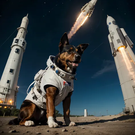 Generate a dog that are wearing a space suits near a rocket