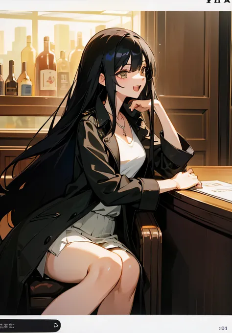 {best quality},Stylish bar counter、long black hair、25 year old female、big breastischievous smile、open-mouth、trench coat、v-neck-tank top、skirt、necklace、clutch bag、Side view、cowboy shot、looking at the camera、sitting 、chair