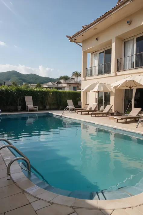 a huge hotel pool, open sea in the background