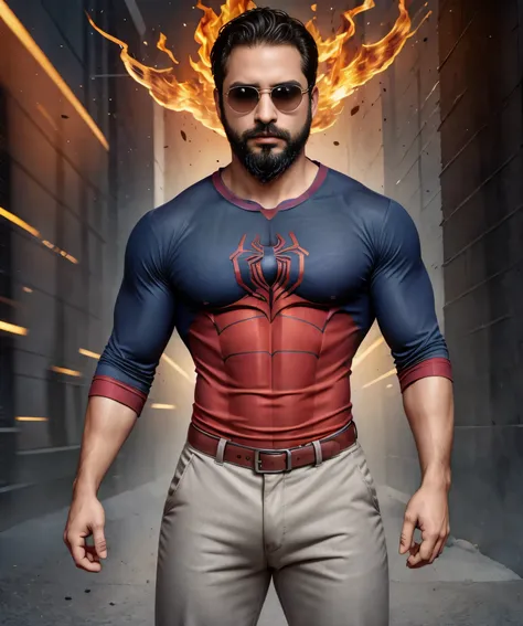 Obra maestra, desenfoque de campo, Parte superior del cuerpo, Hands in pants pockets, 38 year old man with beard and square sunglasses. Man wearing a shirt with a color gradient in Spiderman movie with a firestorm in the background.