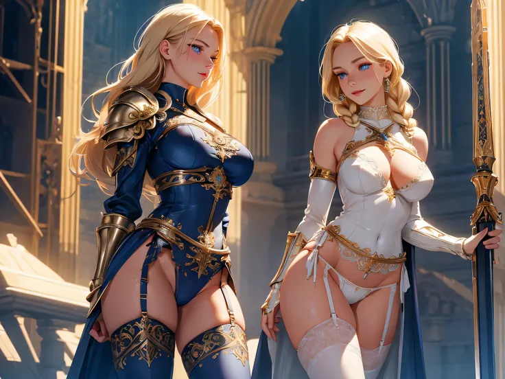 Master piece,best quality,ultra-detailed,valkyrie,(1 girl),beautiful mature face,panty shot,cameltoe,garter belt,seductive young woman,beautiful breasts,full body,standing,armored dress, Torn clothes,(blonde single braid),big blue glowing eyes, (beautiful ...