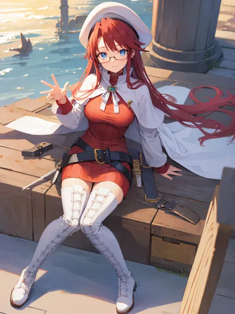 summonnightaty, aty, long hair, blue eyes, red hair, beret, hat, glasses,
BREAK long hair, thighhighs, hat, dress, boots, glasses, belt, cape, sweater, zettai ryouiki, beret, thigh boots, white footwear, ribbed sweater, loose belt,solo,
BREAK outdoors, fan...
